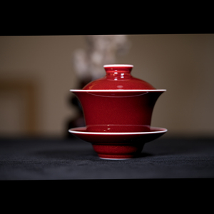 文俊窑郎红釉盖碗三才碗瓷器茶具单色釉红釉茶杯盖杯晓芳窑燕泥堂