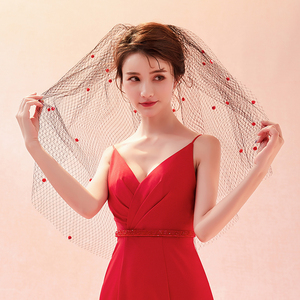 新款韩式简约短款新娘结婚旅游拍照彩色球大网格硬纱菱形网眼头纱