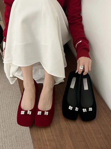 DUXI都熙韩国女鞋2024春秋新款复古绒面水钻方头浅口软底红色单鞋