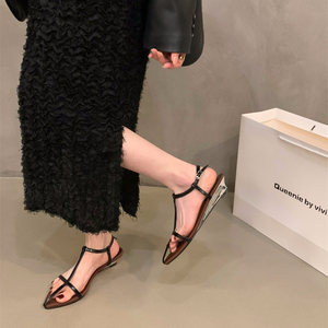 小众坡跟法式黑色凉鞋仙女鞋子2024新款夏季气质配裙子细带罗马鞋