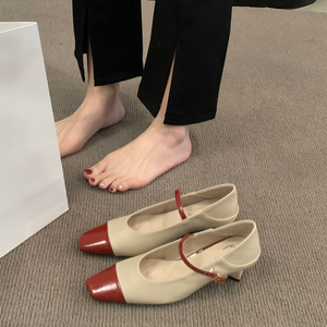 法式中跟方头玛丽珍女鞋子2024年新款春季粗跟红色单鞋复古晚晚鞋