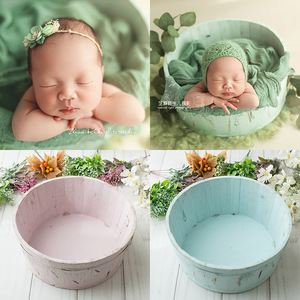 新生儿摄影道具木盆宝宝拍照道具婴儿百天筐儿童摄影创意纯色木桶