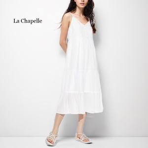 拉夏贝尔/La Chapelle女装甜系少女裙吊带连衣裙单排扣蓬松感长裙