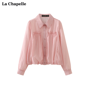 拉夏贝尔/La Chapelle翻领花边假口袋长袖防晒衬衫女甜美小众衬衣