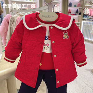 现2023冬款TW小熊童装女童婴童春节红色加绒棉服外套T0JP231153K