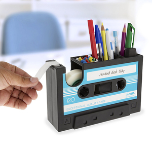 多功能笔筒创意办公桌面文具收纳盒复古磁带造型笔架胶带座切割器