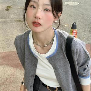 韩版hiphop拼色针织衫女春秋宽松慵懒风软糯温柔百搭纽扣开衫上衣