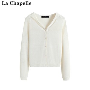 拉夏贝尔/La Chapelle夏季新款薄款连帽时尚宽松气质镂空针织开衫