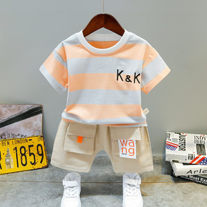 婴儿衣服夏季纯棉休闲时尚条纹短袖分体套装一岁男宝宝外出服童装