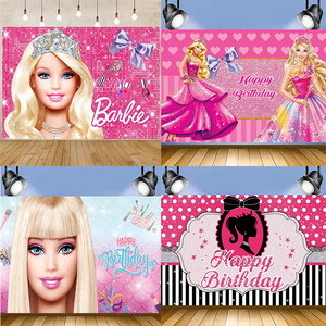芭比娃娃主题生日派对客厅布置背景挂布拍照海报拉旗气球蛋糕装饰