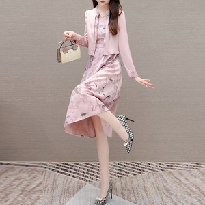 新中式国风套装裙两件套连衣裙子女2024春秋中长遮肚显瘦洋气粉色
