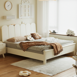 床简约现代实木床奶油风卧室双人床1.8m1.5白色北欧床静音框架床