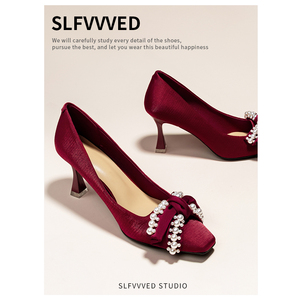 SLFVVVED高跟鞋女细跟方头法式气质蝴蝶结秀和婚鞋新娘鞋红色单鞋