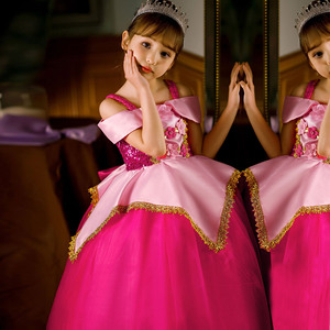 爱洛公主裙女童 美女与野兽服装 玫红色蓬蓬裙子 儿童cosplay礼服
