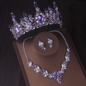 高端大气新娘套链女王紫色水晶柱皇冠水钻婚纱项链耳环三件套饰品