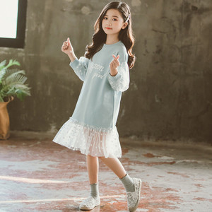 韩国女童网纱连衣裙字母波点裙春季新款洋气甜美拼接长袖卫衣裙子