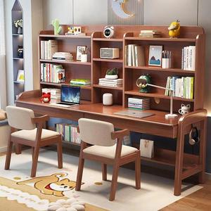 帝伊印象实木书桌书架书柜一体组合双人学习桌家用卧室写字桌