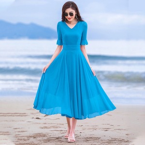 2024新款雪纺连衣裙女夏气质超仙长款大摆红色长裙天蓝色沙滩裙子