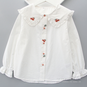 女童衬衫春装新款儿童纯棉衬衣娃娃领刺绣白色打底女孩中大童上衣