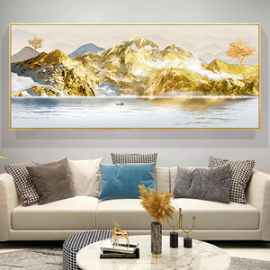 日照金山手绘油画轻奢简约客厅装饰画现代沙发挂画横版壁画金箔画