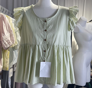 2024夏季新款甜美淑女风圆领短袖宽松衬衫女设计感小众草绿色上衣