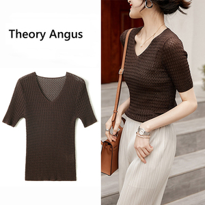 Theory Angus漂亮金丝高级感修身显瘦镂空V领天丝针织短袖T恤小衫