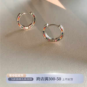彩虹色锆石耳圈小众设计高级感独特耳扣耳环