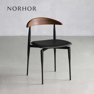 NORHOR北欧表情/RON核桃木餐椅/中古风复古铁艺皮面牛角椅靠背椅