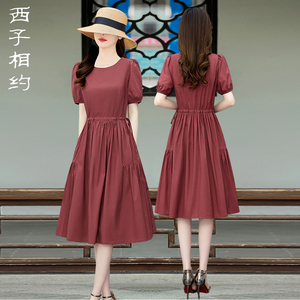 复古红色夏季连衣裙女短袖中长款2024新款小个子收腰气质显瘦裙子