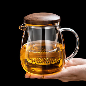 加厚玻璃杯过滤带盖泡茶杯日式胡桃木办公室耐热花茶杯茶水分离杯