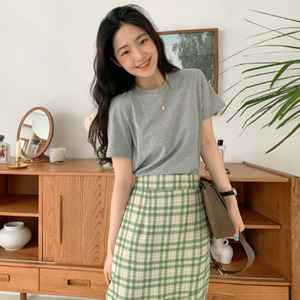 韩国chic夏季元气少女休闲短袖T恤+绿色格子时尚半身裙长裙套装女