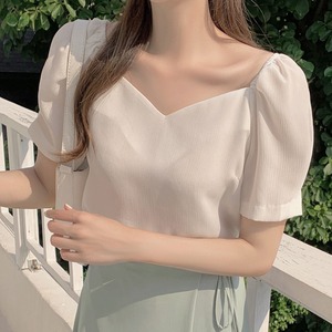 韩国chic夏季小清新甜美花瓣领露锁骨气质垂感雪纺短袖衬衫上衣女