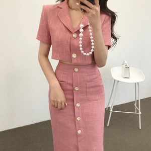 韩国chic夏季新款小香风短款西服外套+纽扣开叉包臀半身裙套装女