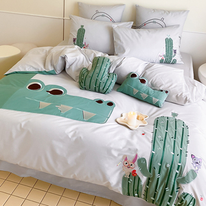 卡通可爱仙人掌鳄鱼全棉水洗棉四件套纯棉儿童床单被套床上用品
