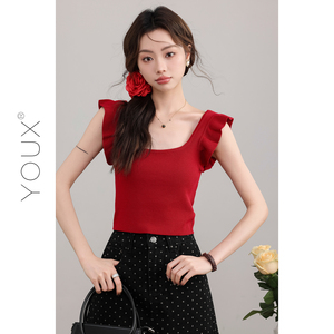 YOUX【撩人模式】小飞袖上衣2024年夏季新款复古红色方领针织衫女