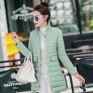 2020冬季新款时尚纯色少女棉服韩版立领修身中长款轻薄羽绒棉外套