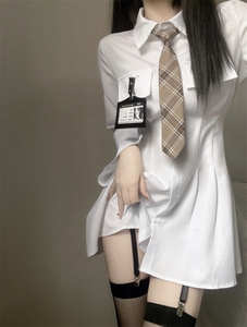 纯欲风白色长袖衬衫连衣裙女2024新款春季设计感收腰显瘦A字短裙