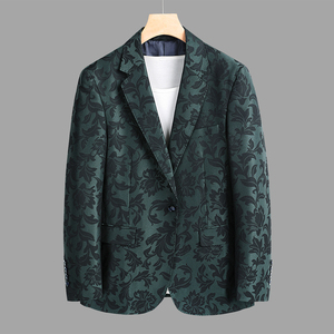 男士西服外套双开叉韩版修身休闲单西休闲提花纹西装绿色单件上衣