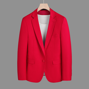 休闲西装外套男士春季新款商务修身大码便西褂子单件红色西服上衣
