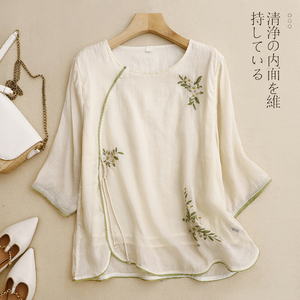 新中式刺绣苎麻衬衫女夏季日常穿搭改良汉服复古盘扣茶服气质小衫