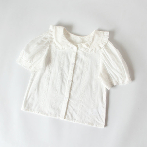 出口韩国单 女童夏季白色镂空刺绣翻领纯棉洋气公主短袖衬衫T恤