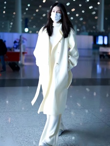 何穗同款白色双面羊绒大衣女23秋冬中长款韩版收腰系带羊毛呢外套