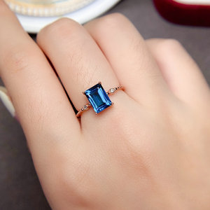 天然伦敦蓝托帕石戒指女S925纯银高级感个性深蓝色宝石指环带证书