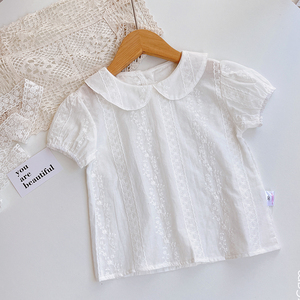 韩系女童装夏季薄款宝宝娃娃衫刺绣翻领上衣纯棉洋气蕾丝短袖衬衫