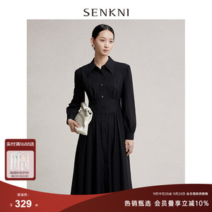 SENKNI圣可尼2024春装新款简约文艺衬衫式连衣裙黑色气质收腰女裙