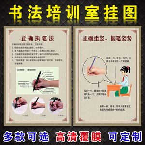 学校书法教室装饰墙贴正确坐姿握笔图培训班墙壁宣传画标语海报贴