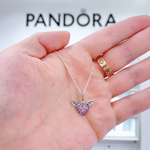 Pandora潘多拉粉色pave密镶天使之翼爱心项链398505C02女生礼物