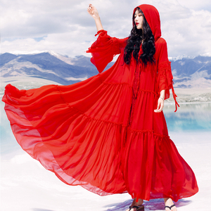 海边沙漠茶卡盐湖云南度假大摆雪纺披风长裙复古红裙吊带连衣裙仙
