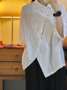 自制新中式国风汉元素衬衫女小众设计感山本风复古潮短袖盘扣上衣