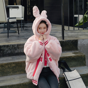 2018冬季新款韩版宽松加厚兔耳朵卫衣女连帽学生可爱毛茸茸外套潮
